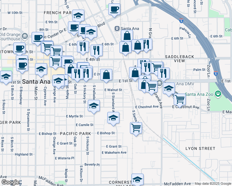 map of restaurants, bars, coffee shops, grocery stores, and more near 906 East Walnut Street in Santa Ana