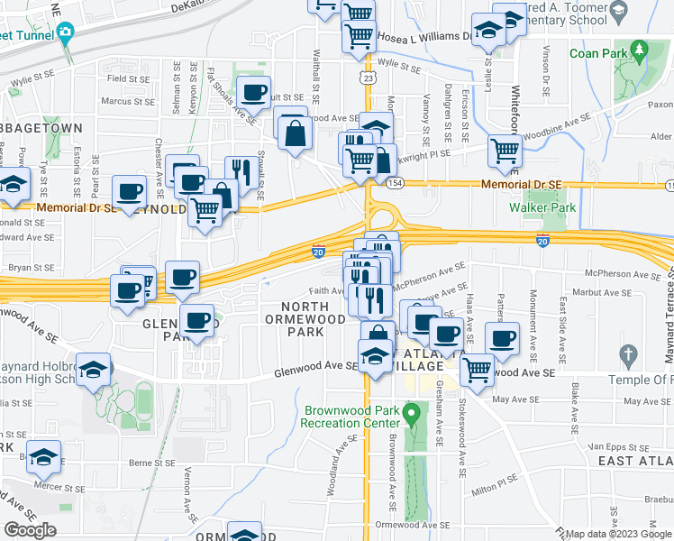 map of restaurants, bars, coffee shops, grocery stores, and more near 1141 Village Court Southeast in Atlanta