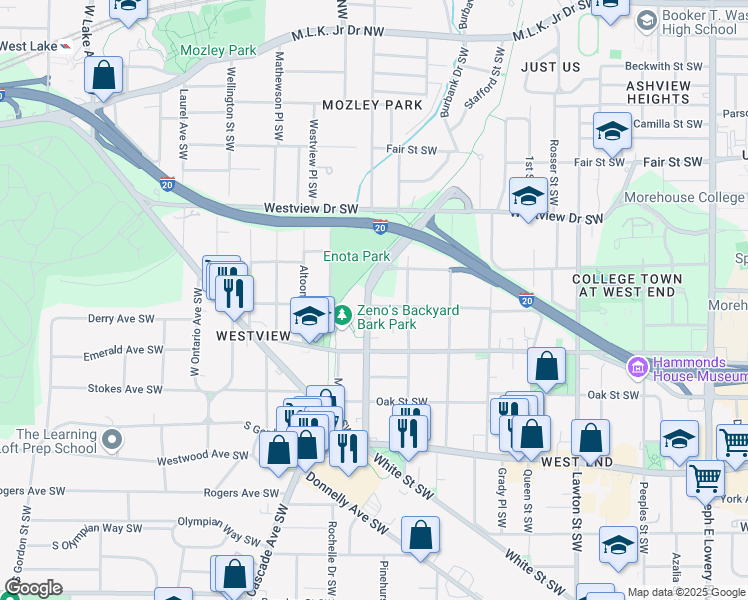 map of restaurants, bars, coffee shops, grocery stores, and more near 1355 Greenwich Street Southwest in Atlanta