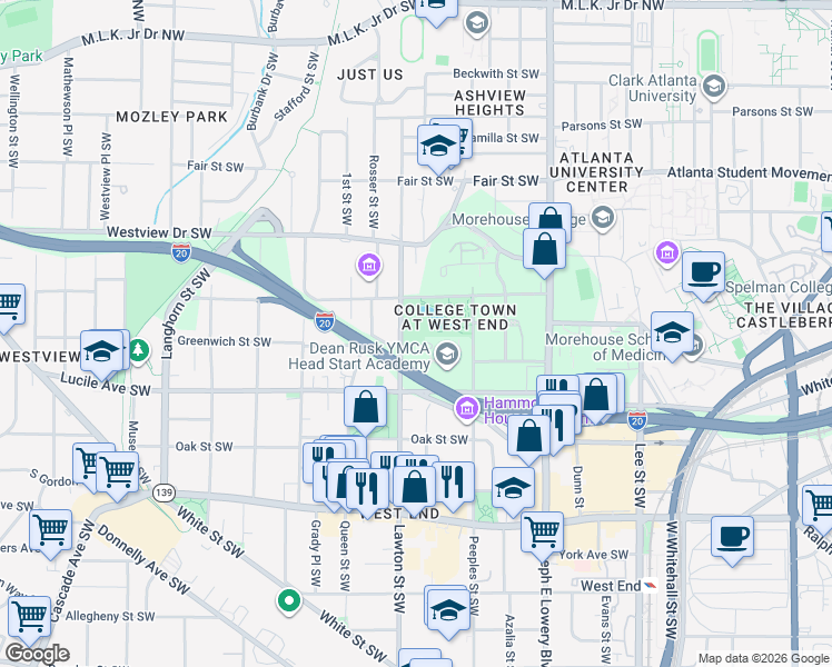 map of restaurants, bars, coffee shops, grocery stores, and more near 406 Lawton Street Southwest in Atlanta