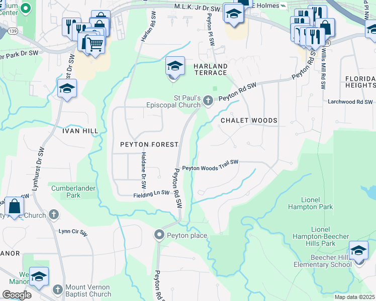 map of restaurants, bars, coffee shops, grocery stores, and more near 414 Peyton Road Southwest in Atlanta