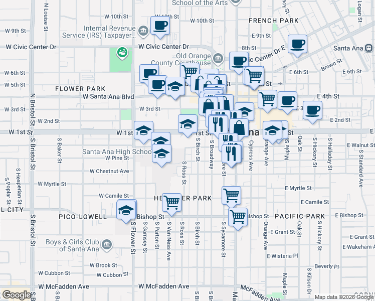 map of restaurants, bars, coffee shops, grocery stores, and more near 221 South Ross Street in Santa Ana