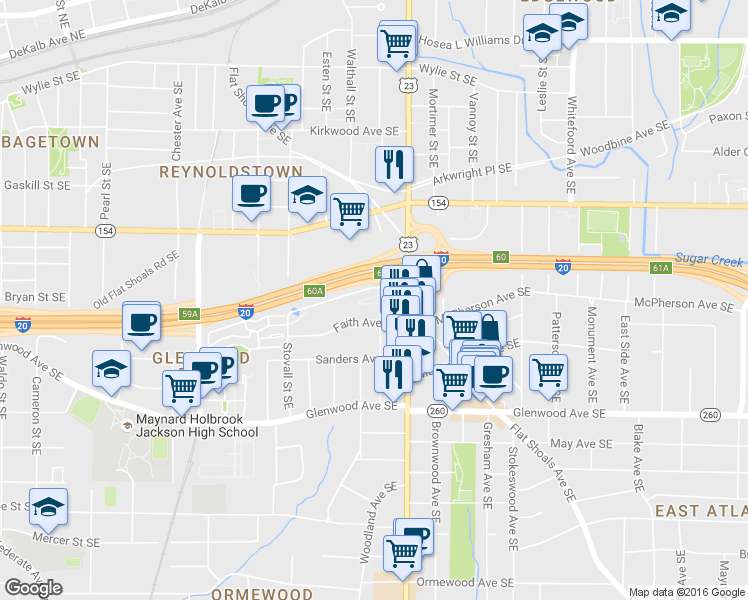 map of restaurants, bars, coffee shops, grocery stores, and more near 1141 Village Court Southeast in Atlanta