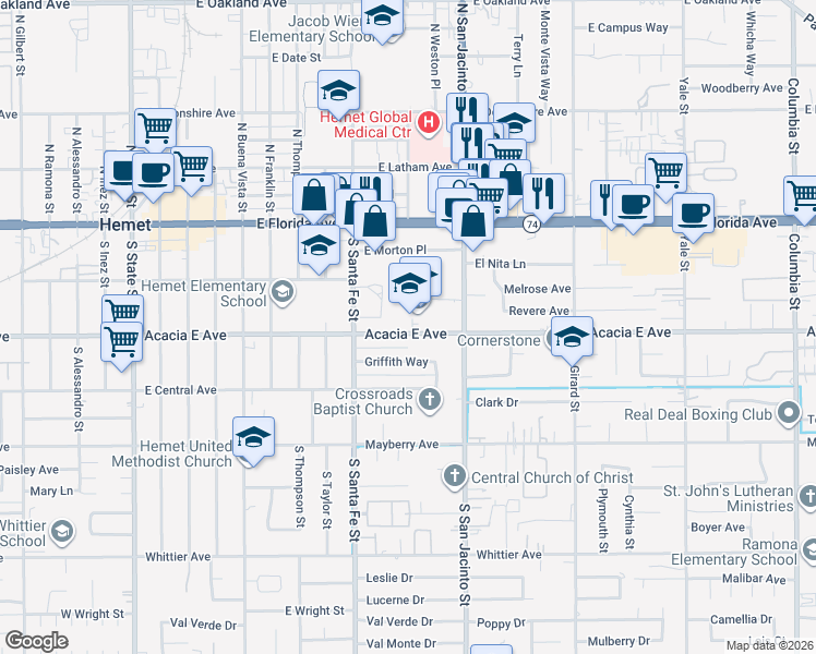 map of restaurants, bars, coffee shops, grocery stores, and more near 1080 Acacia East Avenue in Hemet