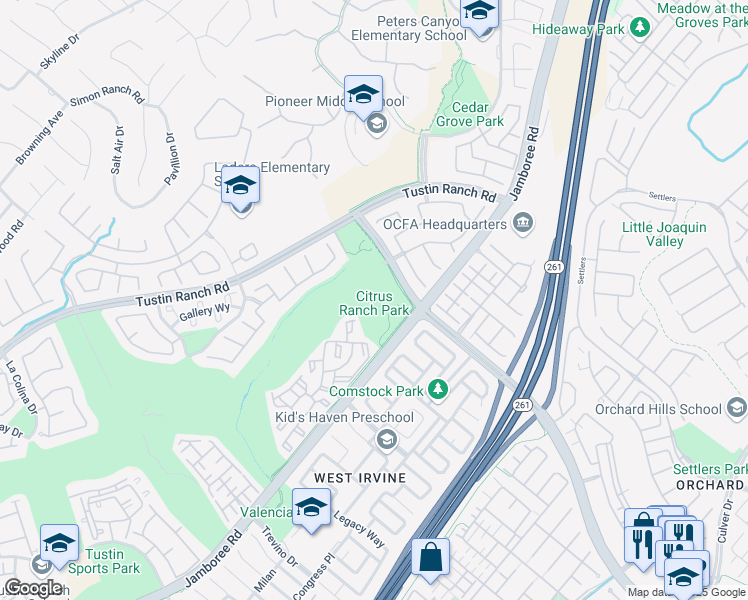 map of restaurants, bars, coffee shops, grocery stores, and more near 2910 Portola Parkway in Tustin