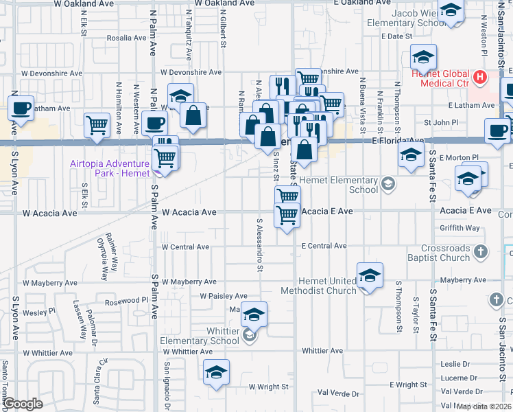 map of restaurants, bars, coffee shops, grocery stores, and more near 257 South Alessandro Street in Hemet