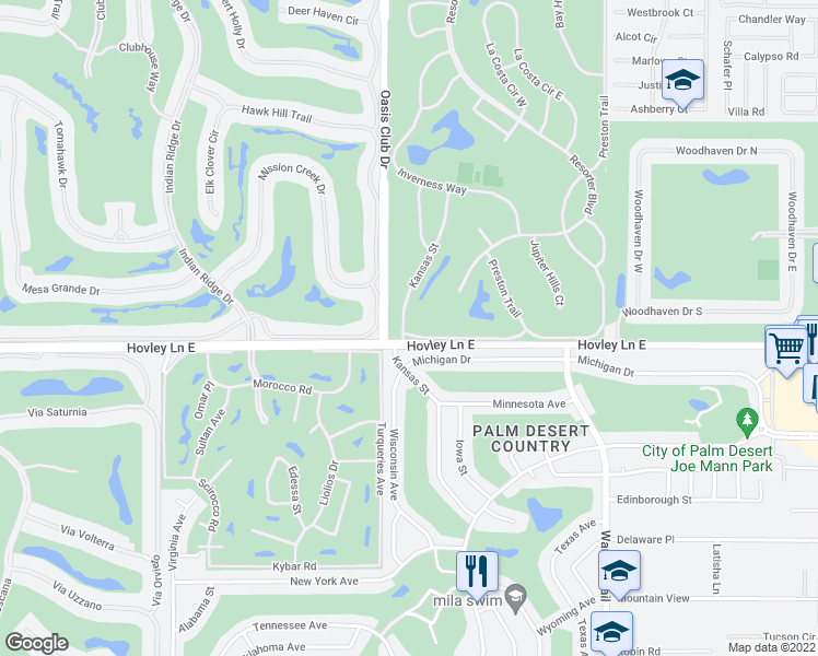 map of restaurants, bars, coffee shops, grocery stores, and more near 77042 Pauma Valley Way in Palm Desert