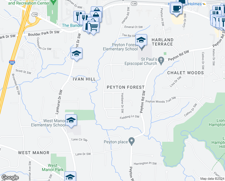map of restaurants, bars, coffee shops, grocery stores, and more near 2925 Shelly Drive Southwest in Atlanta