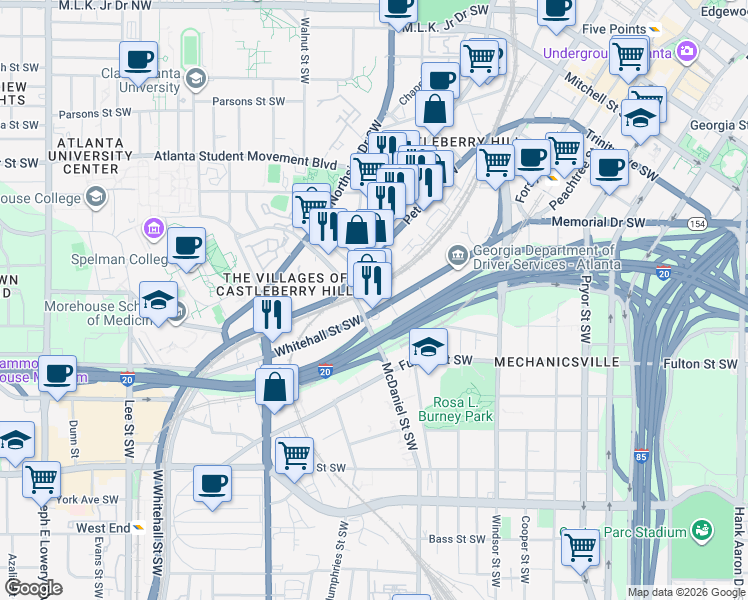 map of restaurants, bars, coffee shops, grocery stores, and more near 479 Whitehall Street Southwest in Atlanta
