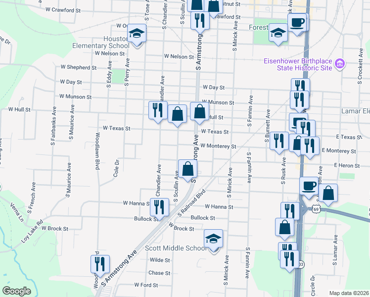 map of restaurants, bars, coffee shops, grocery stores, and more near 816 West Monterey Street in Denison