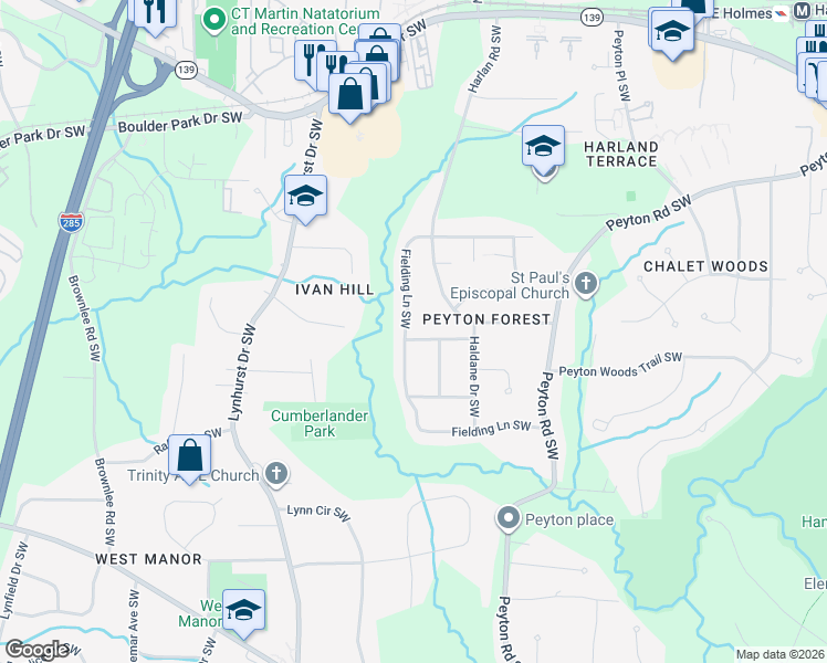 map of restaurants, bars, coffee shops, grocery stores, and more near 2959 Shelly Drive Southwest in Atlanta