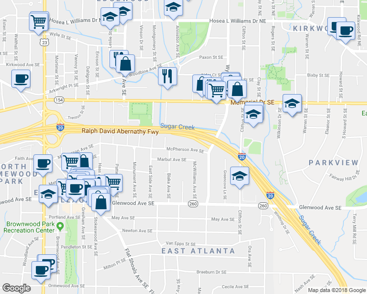 map of restaurants, bars, coffee shops, grocery stores, and more near 1546 McPherson Avenue Southeast in Atlanta