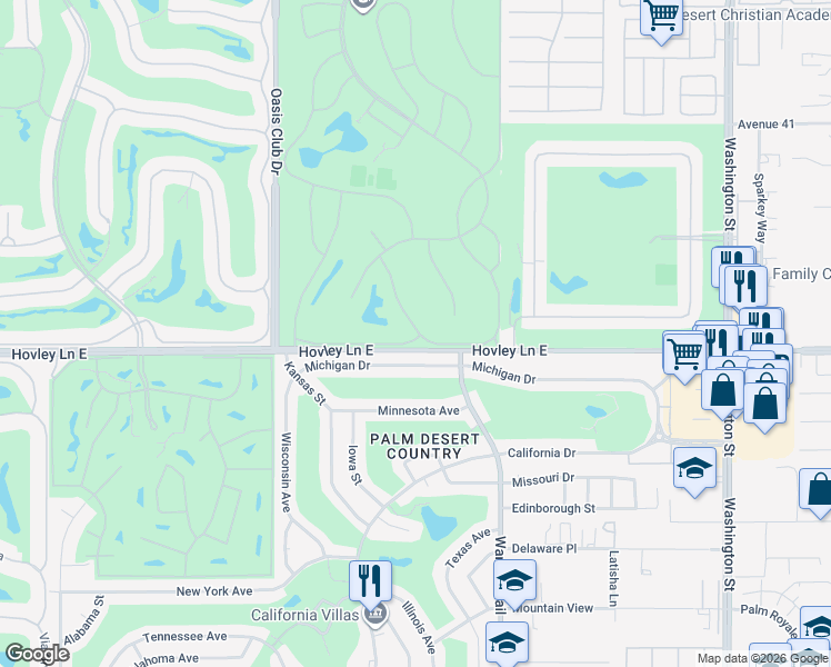 map of restaurants, bars, coffee shops, grocery stores, and more near 41910 Preston Trail in Palm Desert