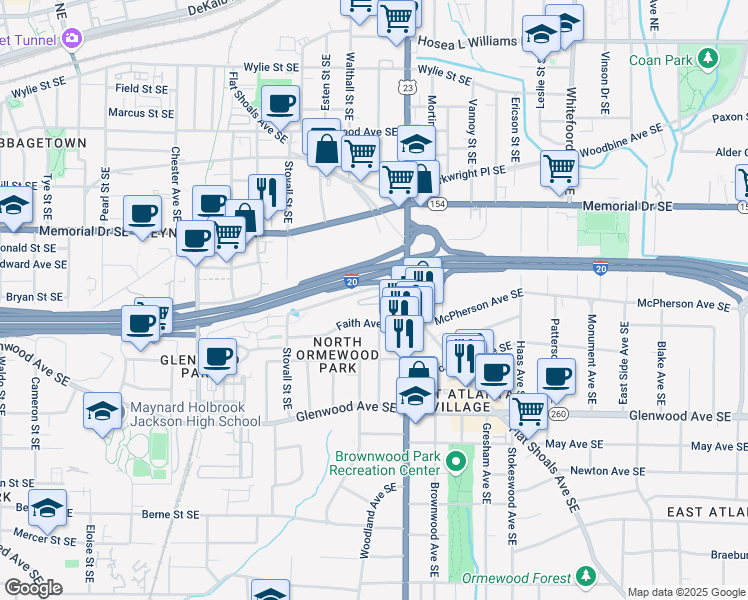 map of restaurants, bars, coffee shops, grocery stores, and more near 1162 Village Court Southeast in Atlanta