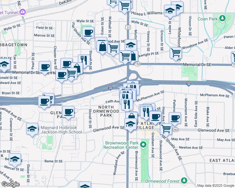 map of restaurants, bars, coffee shops, grocery stores, and more near 1182 Village Court Southeast in Atlanta