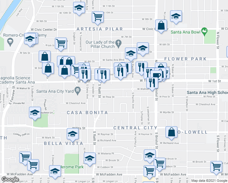 map of restaurants, bars, coffee shops, grocery stores, and more near 1650 West Walnut Street in Santa Ana