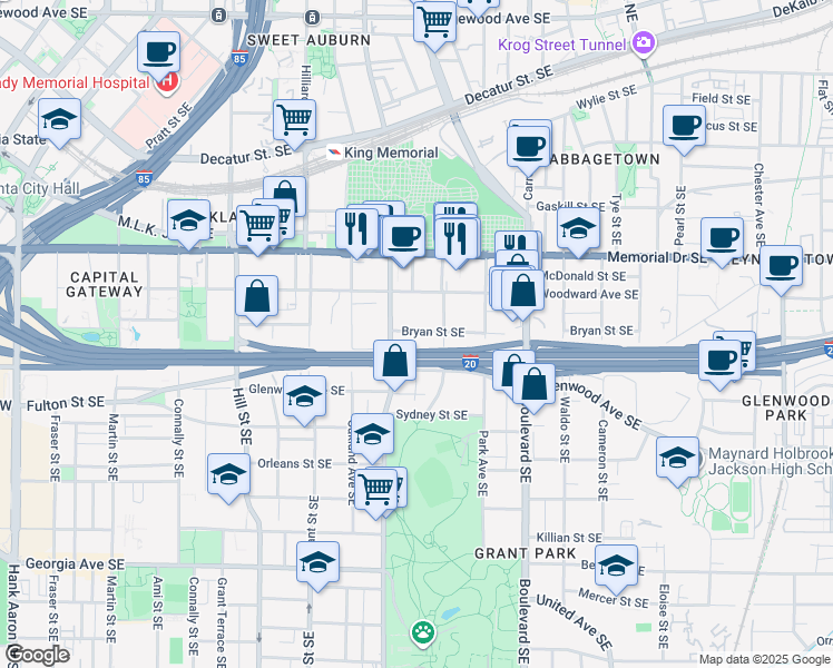 map of restaurants, bars, coffee shops, grocery stores, and more near 475 Bryan Street Southeast in Atlanta