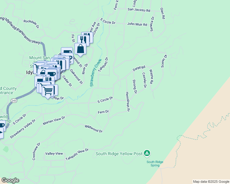 map of restaurants, bars, coffee shops, grocery stores, and more near South Circle Drive in Idyllwild-Pine Cove
