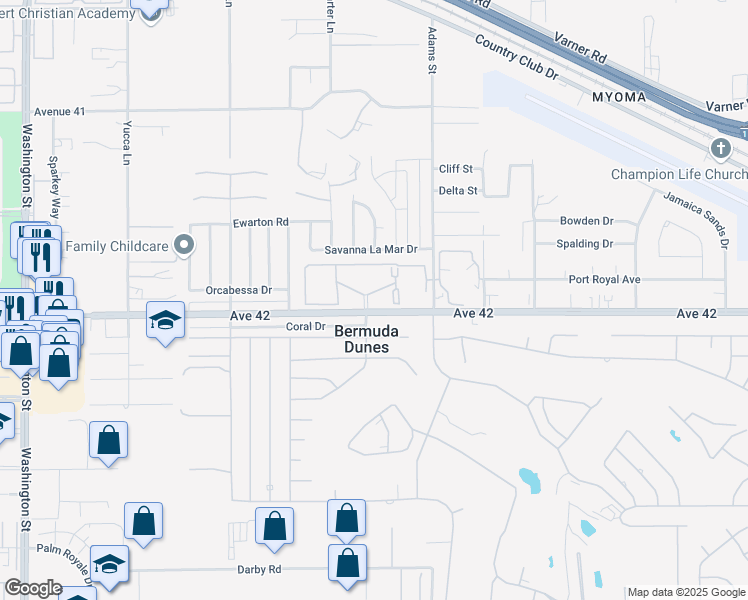 map of restaurants, bars, coffee shops, grocery stores, and more near 78650 Avenue 42 in Bermuda Dunes