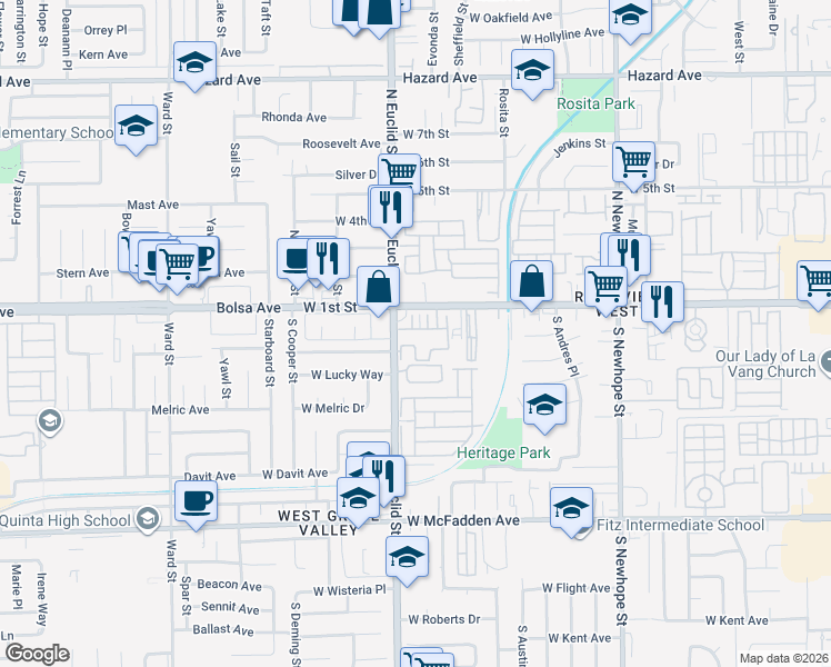map of restaurants, bars, coffee shops, grocery stores, and more near 5112 West 1st Street in Santa Ana