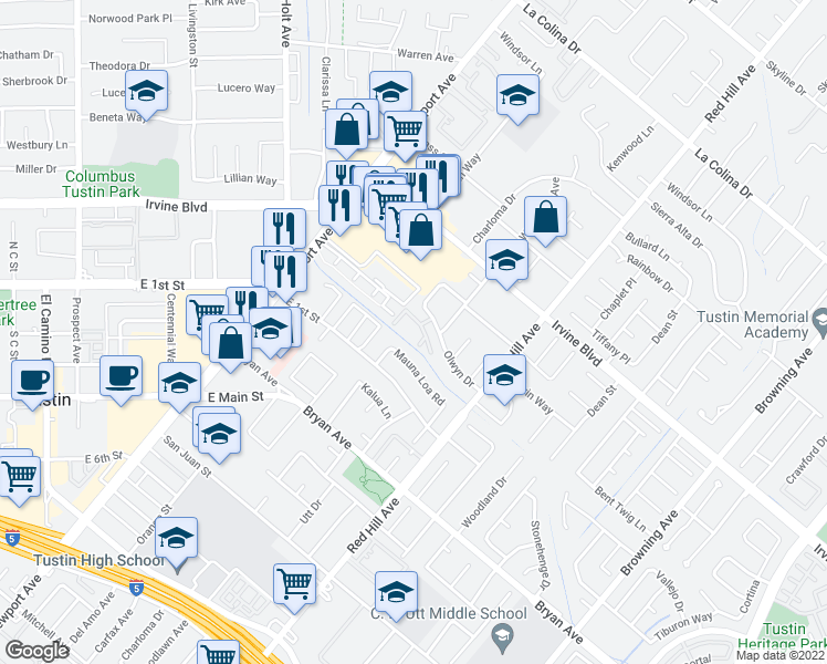 map of restaurants, bars, coffee shops, grocery stores, and more near 13195 Gwyneth Drive in Tustin