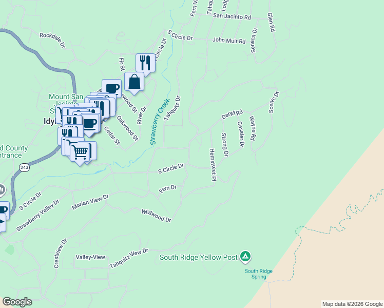 map of restaurants, bars, coffee shops, grocery stores, and more near 54915 South Circle Drive in Idyllwild-Pine Cove