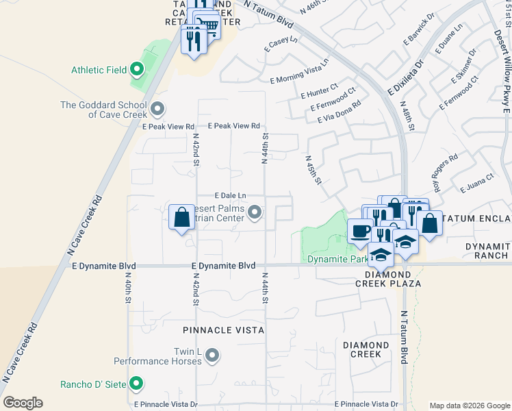 map of restaurants, bars, coffee shops, grocery stores, and more near 28432 North 44th Street in Cave Creek