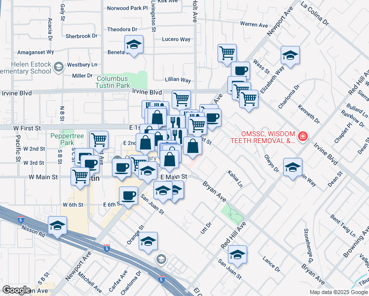map of restaurants, bars, coffee shops, grocery stores, and more near 13444 Newport Ave in Tustin