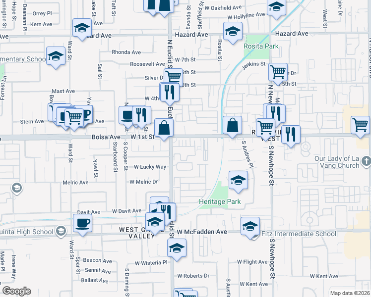 map of restaurants, bars, coffee shops, grocery stores, and more near 5114 West 1st Street in Santa Ana