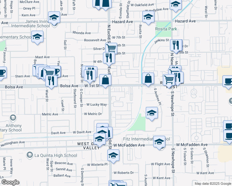 map of restaurants, bars, coffee shops, grocery stores, and more near 5112 West 1st Street in Santa Ana