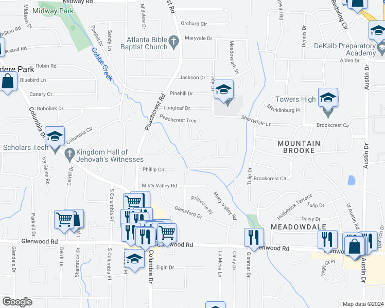 map of restaurants, bars, coffee shops, grocery stores, and more near 3445 Cobbs Ferry Drive in Decatur