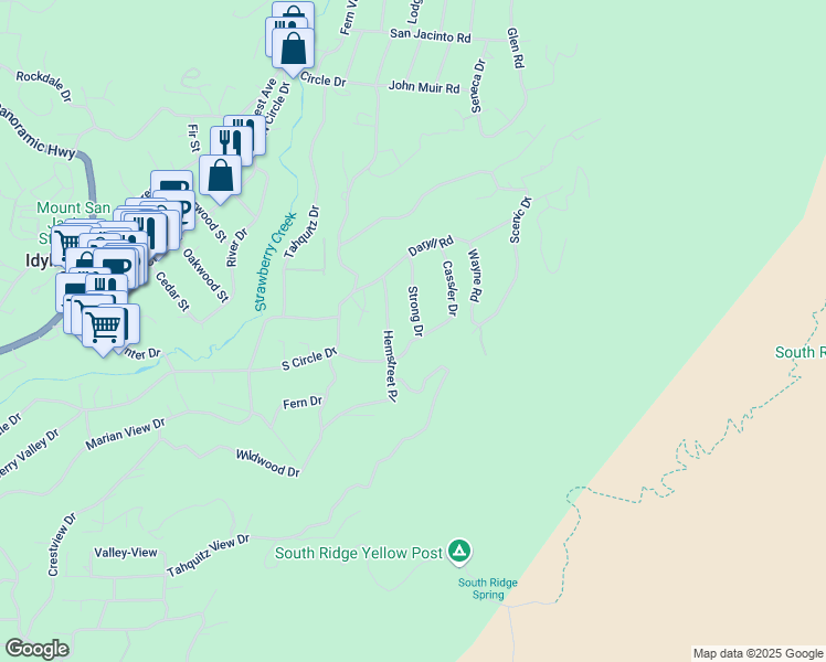map of restaurants, bars, coffee shops, grocery stores, and more near 55080 Strong Drive in Idyllwild-Pine Cove