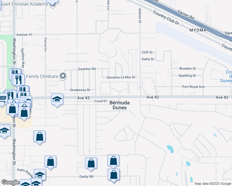 map of restaurants, bars, coffee shops, grocery stores, and more near 78650 Avenue 42 in Bermuda Dunes