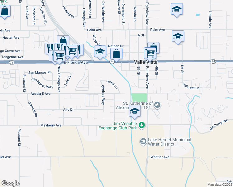 map of restaurants, bars, coffee shops, grocery stores, and more near 43723 Acacia East Avenue in Hemet