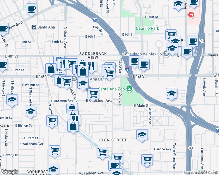 map of restaurants, bars, coffee shops, grocery stores, and more near 214 South Lyon Street in Santa Ana
