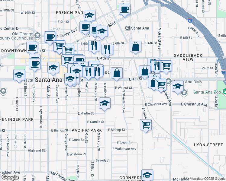 map of restaurants, bars, coffee shops, grocery stores, and more near 210 Cedar Street in Santa Ana