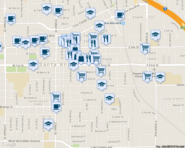 map of restaurants, bars, coffee shops, grocery stores, and more near 520 East Walnut Street in Santa Ana