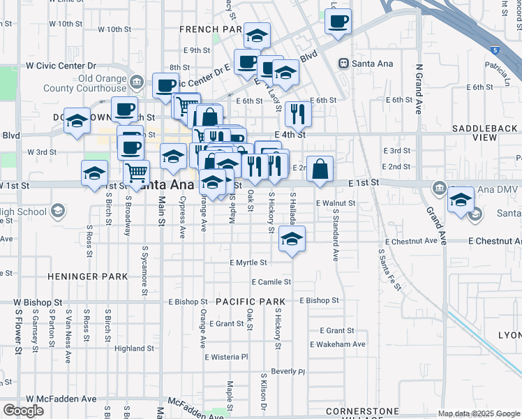 map of restaurants, bars, coffee shops, grocery stores, and more near 520 East Walnut Street in Santa Ana