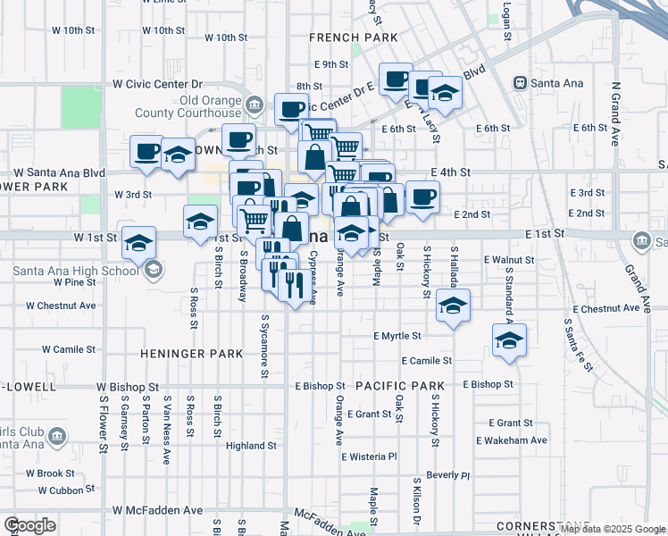 map of restaurants, bars, coffee shops, grocery stores, and more near 212 Orange Avenue in Santa Ana