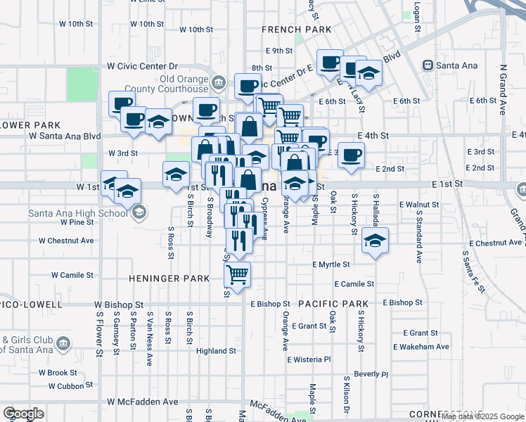map of restaurants, bars, coffee shops, grocery stores, and more near 205 South Main Street in Santa Ana