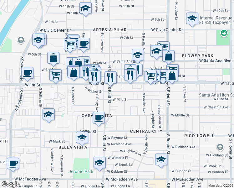 map of restaurants, bars, coffee shops, grocery stores, and more near 1725 West Pine Street in Santa Ana