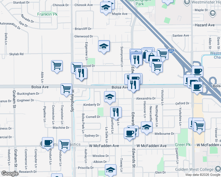 map of restaurants, bars, coffee shops, grocery stores, and more near 15032 Baylor Circle in Huntington Beach