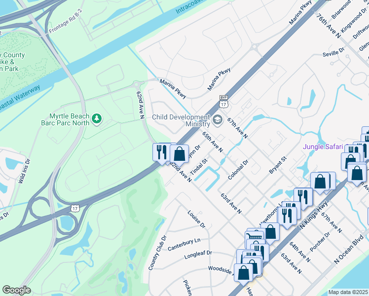 map of restaurants, bars, coffee shops, grocery stores, and more near 6211 Blynn Drive in Myrtle Beach