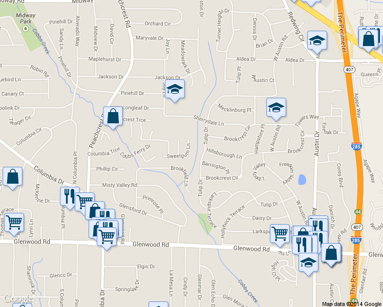 map of restaurants, bars, coffee shops, grocery stores, and more near 3543 Sweetgum Lane in Decatur