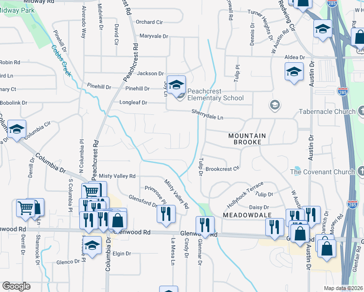 map of restaurants, bars, coffee shops, grocery stores, and more near 3508 Sweetgum Lane in Decatur