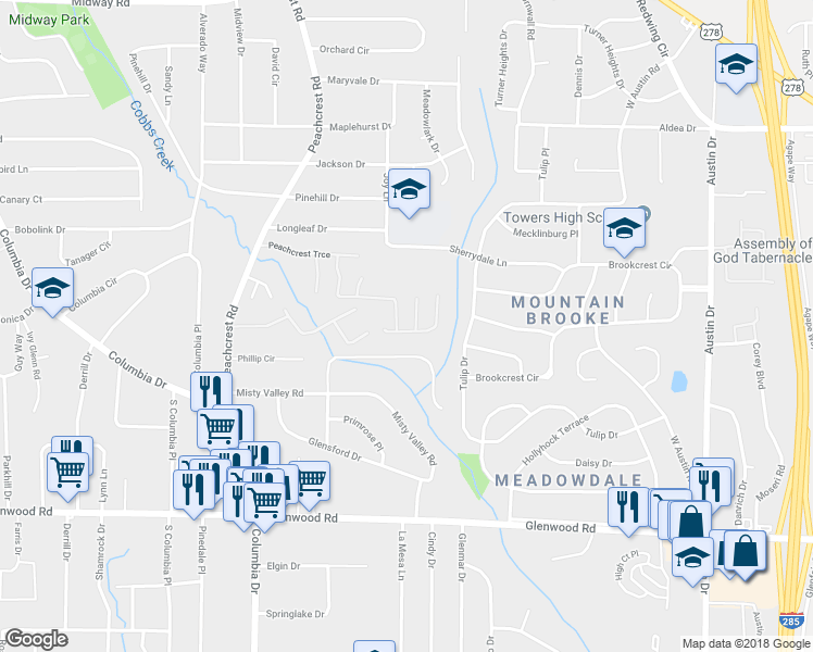 map of restaurants, bars, coffee shops, grocery stores, and more near 3508 Sweetgum Lane in Decatur