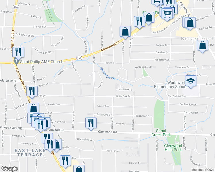 map of restaurants, bars, coffee shops, grocery stores, and more near 1627 Welika Drive in Decatur