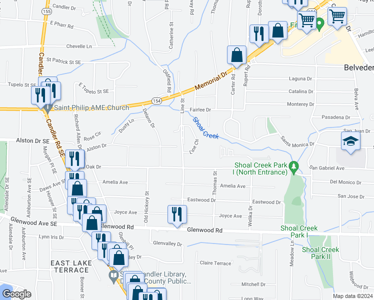 map of restaurants, bars, coffee shops, grocery stores, and more near 3189 Alston Drive in Decatur