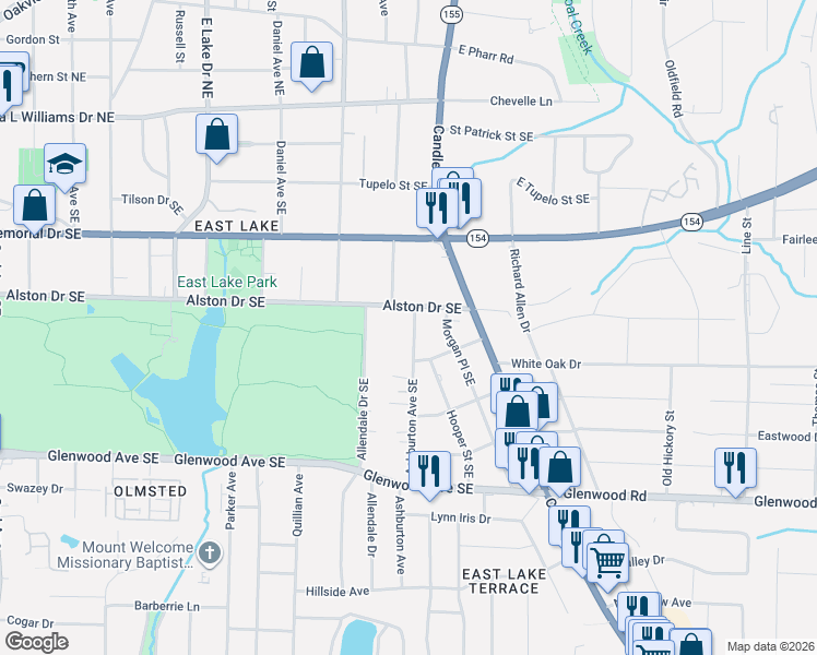 map of restaurants, bars, coffee shops, grocery stores, and more near 319 Ashburton Avenue Southeast in Atlanta