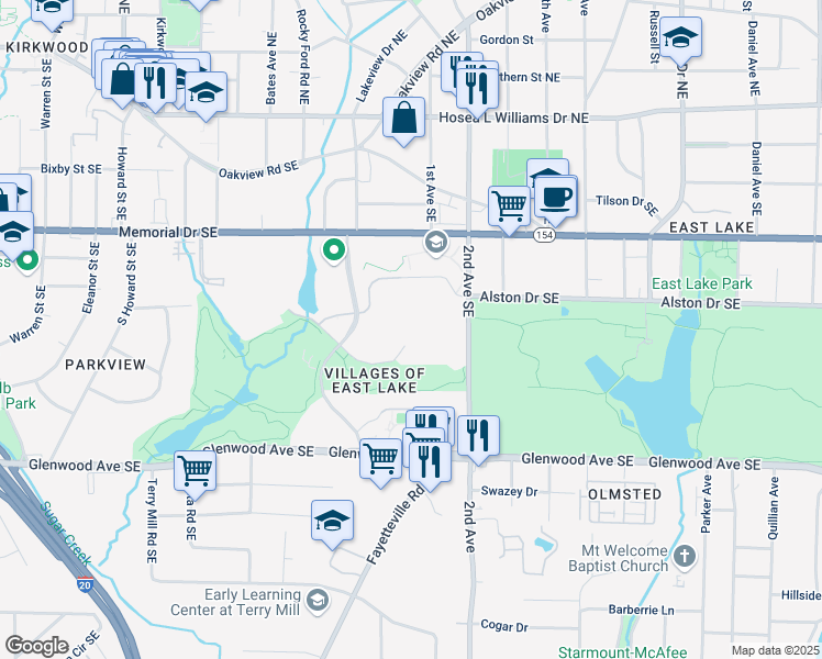 map of restaurants, bars, coffee shops, grocery stores, and more near Links Drive Southeast in Atlanta